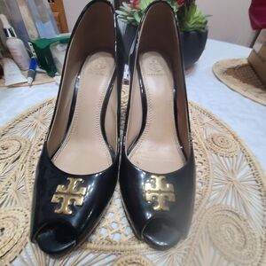 Tory Burch Black and Gold Women's Peep-Toe Heels